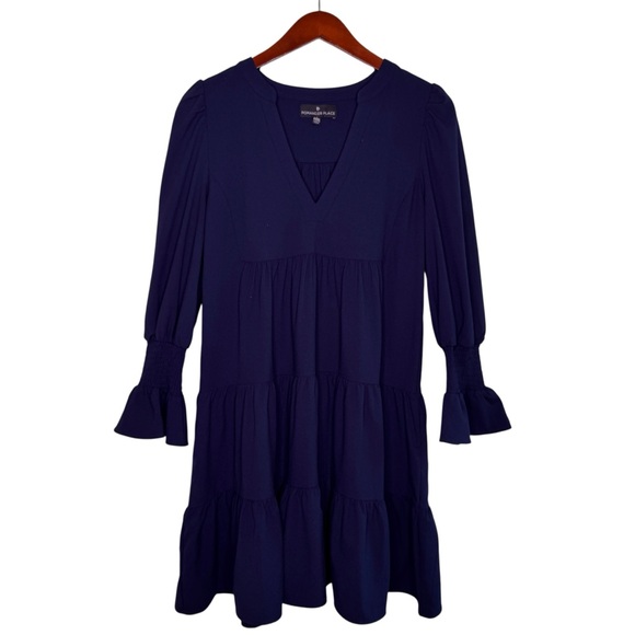 POMANDER PLACE Tiered V Neck Bell Sleeve Dress Size Small in Navy - Picture 2 of 13